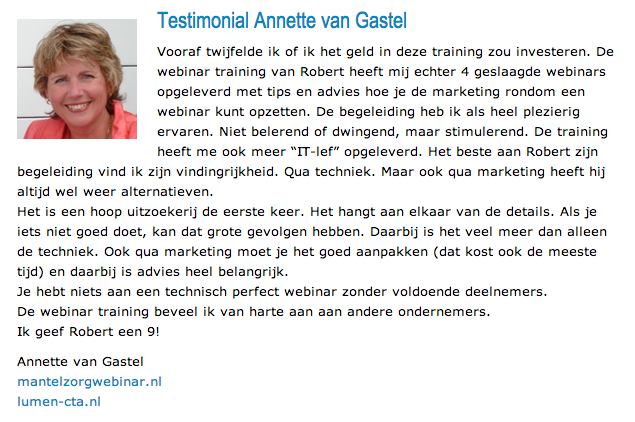 Testimonial Annette van Gastel Robert Mares webinar-experts slimmer ondernemen